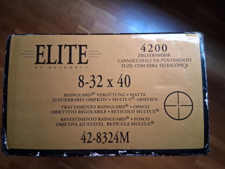 Visor Bushnell  Elite 4220.
8-32X40.
En perfecto estado, con bases.
300€ con porte incluido.
Saludos 00