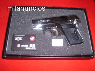 el otro dia vi en una armeria una pistola de co2 pequeñisima
era como un paqute de cigarrillos. la bombona 10