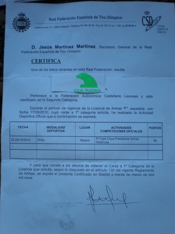 Adjunto fotografía del certificado que me ha hecho la   ESPAÑOLA  , de que puedo pasar a tirador de 1ª 00